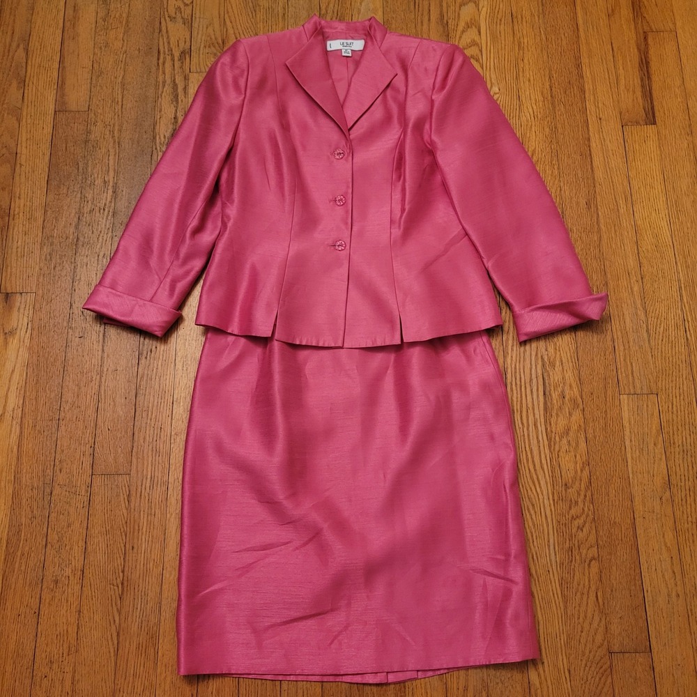 Le Suit 8P Skirt Power Pink 2 Pc Blazer Pencil Skirt Barbiecore Classic Shiny